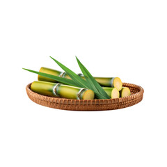 Bamboo Basket of sliced sugarcane leaf on transparent background