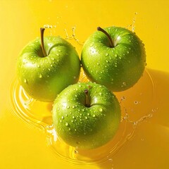 Three vibrant green apples with water droplets on a yellow background