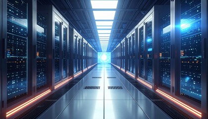 A futuristic hallway in a data center with rows of server racks illuminated by glowing blue lights, symbolizing big data, cloud computing, and advanced technology