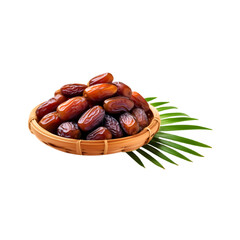 Basket of healthy dates fruit with leaf on transparent background