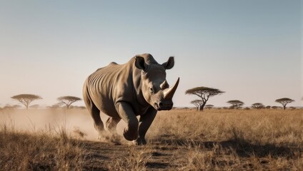 Obraz premium Powerful rhino charging across savanna