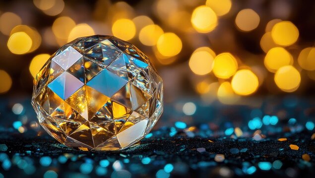Faceted crystal sphere sparkles against bokeh lights
