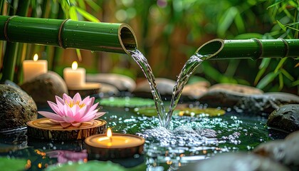 Serene water feature with bamboo spouts, candles, and lotus flower