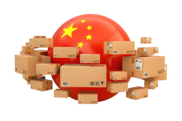 Global shipping success with China flag and many packages ready for delivery