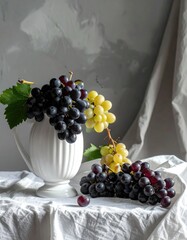 Dark & light grapes spill from a white pitcher on a table with draped linen