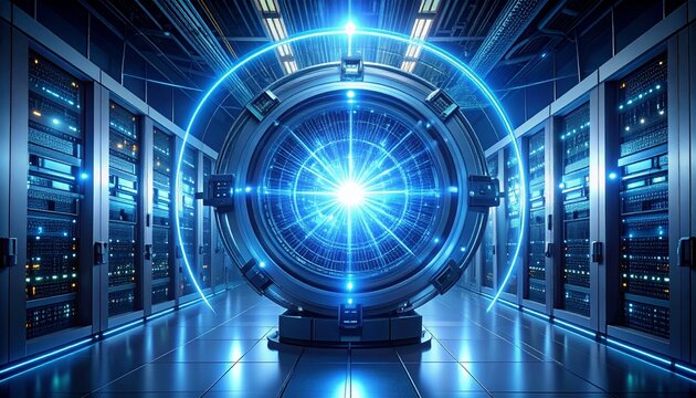 Futuristic server room with a glowing blue quantum core, representing the future of data processing and artificial intelligence