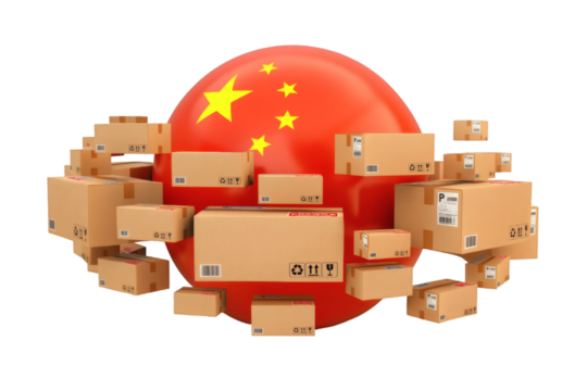 Global shipping success with China flag and many packages ready for delivery