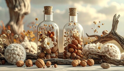 Two glass bottles filled with nuts and flowers, set outdoors with wood details