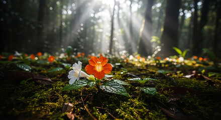 Sunbeams Through Trees Illuminate Wildflowers on Forest Floor