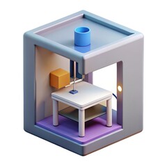 Photo of isometric 3d printer machine printing a cube isolated on white background
