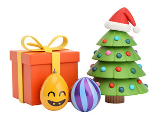 Festive Christmas Tree with Gift Box and Smiling Egg Ornament 3D Render