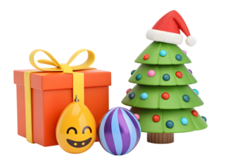 Festive Christmas Tree with Gift Box and Smiling Egg Ornament 3D Render