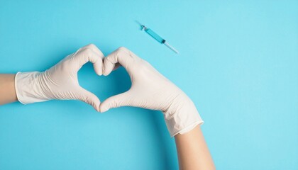 Symbolic gesture of medical care and protection gloved hands create a heart, with a syringe representing healthcare, vaccination, and collective well-being