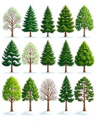 Set of Fifteen Different Illustrated Trees