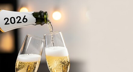 Champagne bottle labeled 2026 pouring sparkling wine into two elegant flutes, celebrating a new year or special occasion with a blurred background.