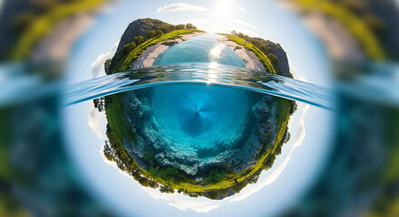 Surreal Underwater Panorama of a Tropical Island Paradise with Clear Turquoise Water and Lush Greenery