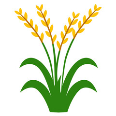 2d illustration of ripe yellow rice plant with green leaves, symbolizing agriculture and harvest season.