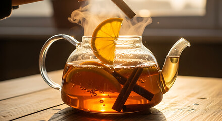 Steaming Orange and Cinnamon Tea in a Glass Teapot Aromatic Herbal Beverage Concept