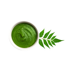 Neem paste white ceramic bowl with green neem leaf on transparent background