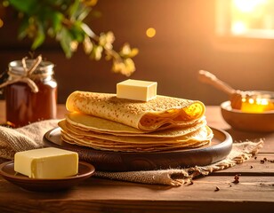 Golden stack of crepes with honey and butter