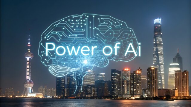 Digital Brain Shining Above a City Representing AI Power
