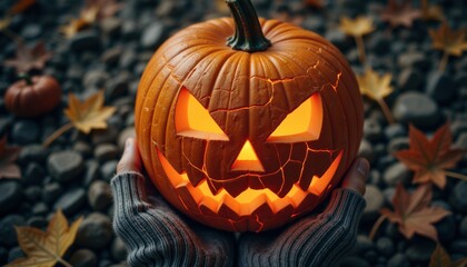Spooky Jack-o'-Lantern with Cracks Surrounded by Autumn Leaves