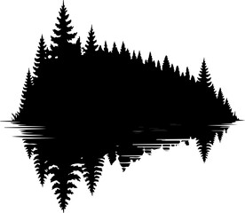 Striking black silhouette vector of a serene pine forest with its calm reflection, capturing the peaceful essence of nature's tranquil waters