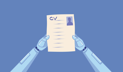 Robot Holding a Resume Doing HR Work Vector Illustration. recruitment process based on automated process and ai 
