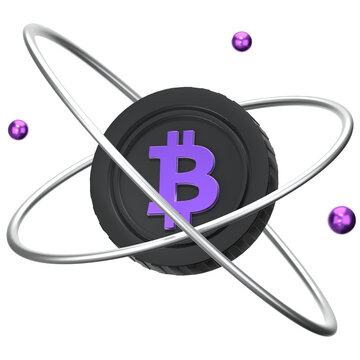 Bitcoin global network orbiting a central point 3D Icon Illustration. Low Poly Style