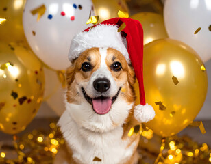 Cheerful Dog with Hat Confetti New Year Celebration