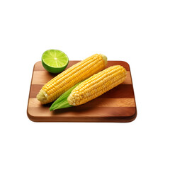 Yellow Corn with sliced lime on chopping board on transparent background