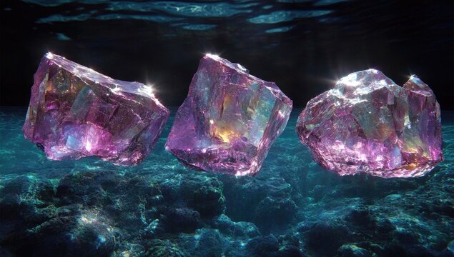 Glistening, purple crystals hover above a sea floor