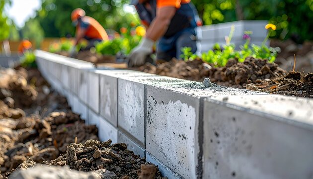 Close-up of freshly laid concrete kerbstones with masons working on a landscaping and pavement construction project