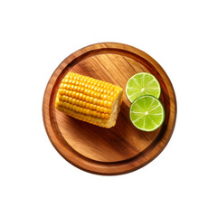 Fresh Corn with sliced lime on wooden chopping board on transparent background