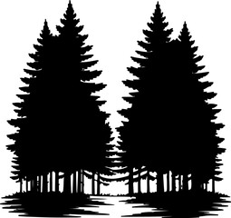 Black silhouette vector of a dense winter forest with tall evergreen trees