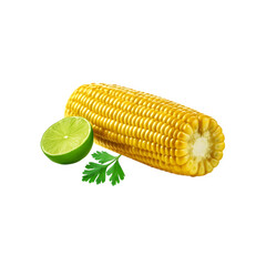 Fresh Corn with sliced lime and coriander leaf on transparent background