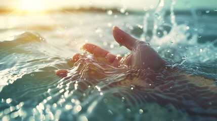 Hands rising from water catching sunlight in golden reflection