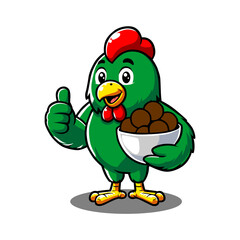 Green Chicken Mascot with Thumb Up and Meatballs Bowl