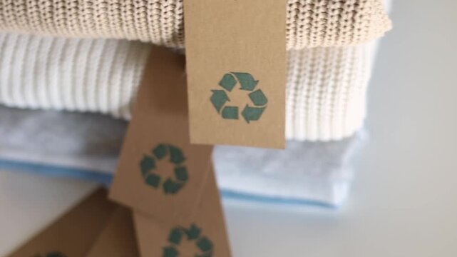 Soft knitted folded sweater with recycled made by reusing material craft tag top view isolated on white background. 