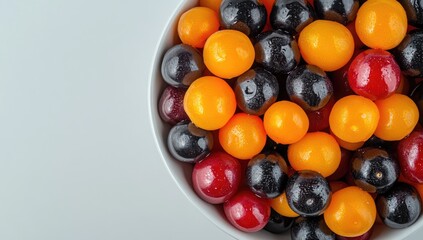 Bowl of assorted colorful, glossy, round candies, top view