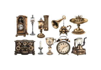 set of vintage household items teapot, clock, candlestick, gramo