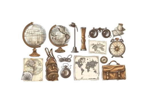 set of vintage travel items globe, compass, postcards, binocular - Powered by Adobe
