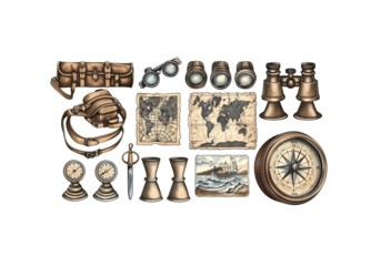 set of vintage travel items globe, compass, postcards, binocular