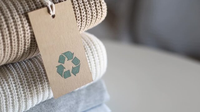 Knitted warm clothes neatly folded heap with craft tag recycling material circle arrow closeup