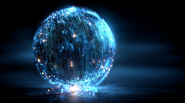 A spherical circuit globe resting on a board depicting interconnected systems and global connectivity, conveying the concept of scalable platforms cloud computing 