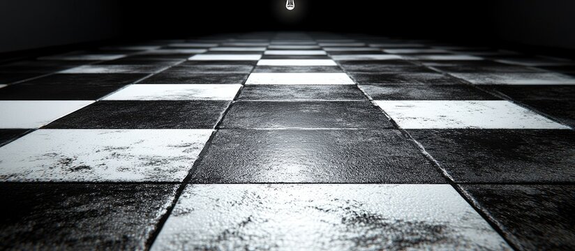 Checkerboard floor receding to a single light