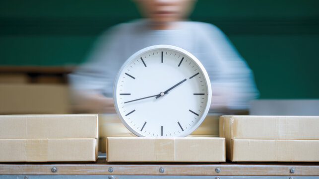 Workers organizing parcels with clock showing time management and efficiency in warehouse setting