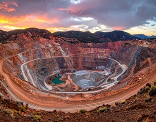 Large Open Pit Mining Operation at Sunset.