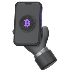 A hand holding a smartphone displaying the bitcoin payment 3D Icon Illustration. Low Poly Style