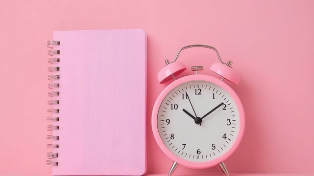 Pink Background with Clock and Notebook for Time Management and Planning Concepts in Minimalist Style 4k video footage